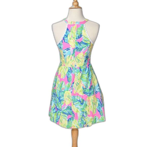 Lilly Pulitzer Halter Dress Lace Neckline Insert Back Zip Closure Size 0 - Picture 2 of 3